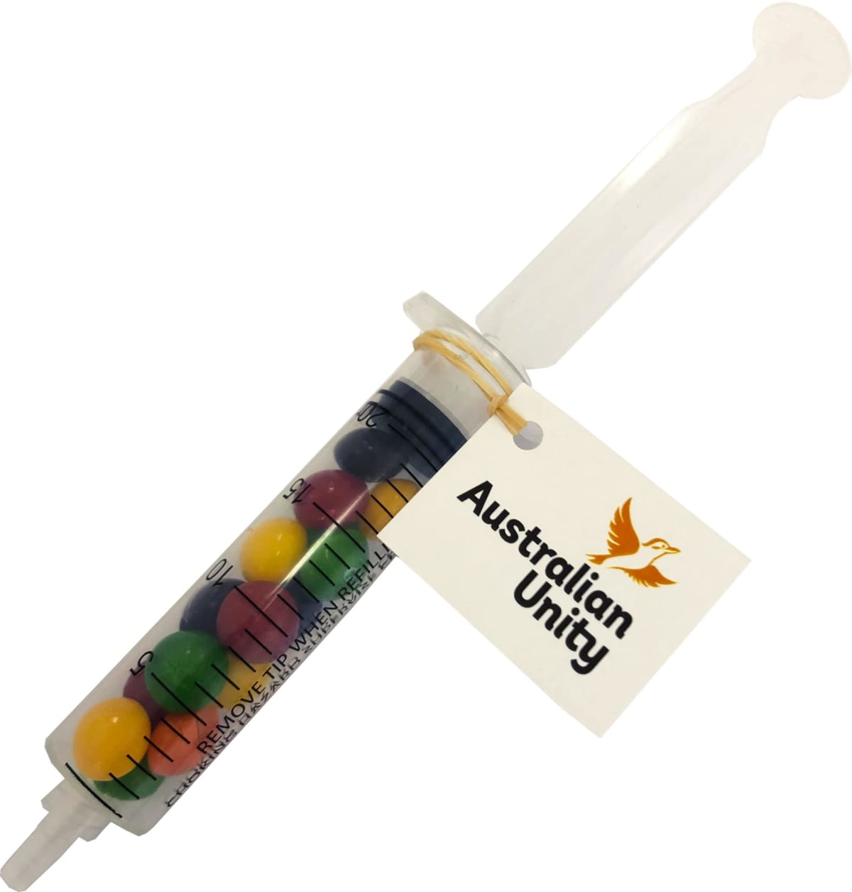 A syringe filled with colorful candies, labeled Australian Unity on a tag.