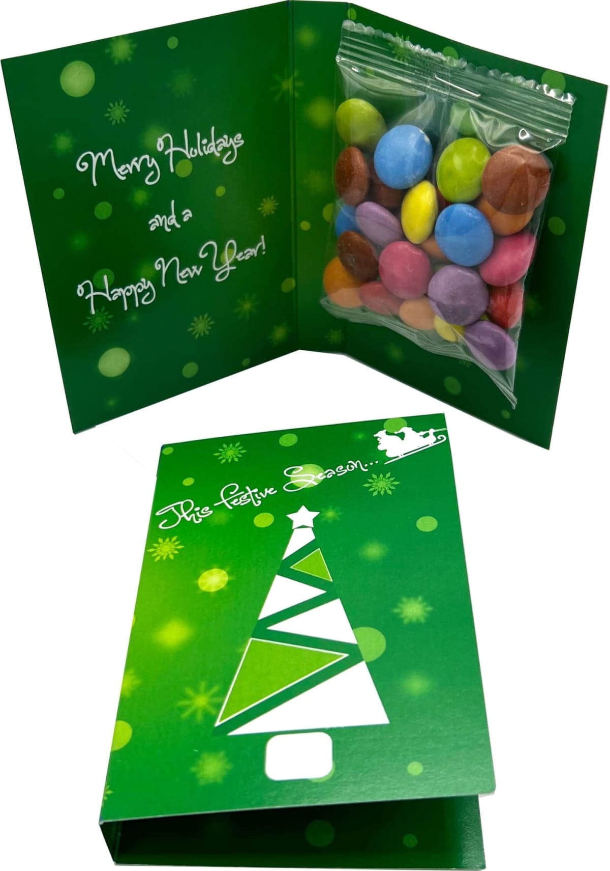 Green holiday card with a candy bag inside, festive tree design, and holiday greetings.