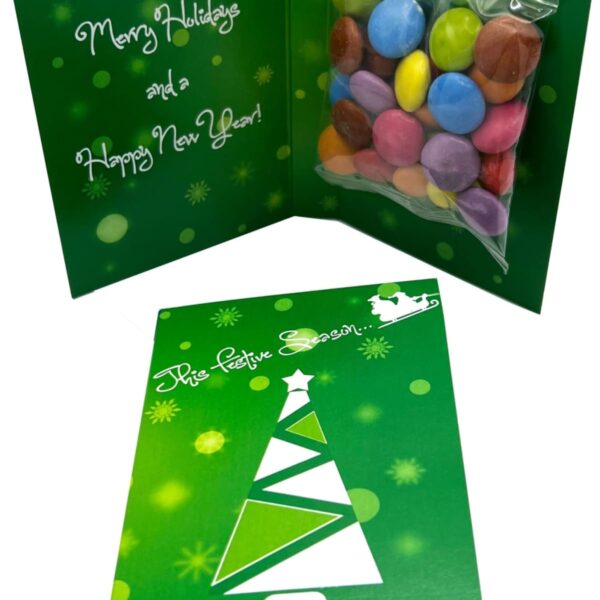 Green holiday card with candy, tree design, and Merry Holidays and a Happy New Year! text.