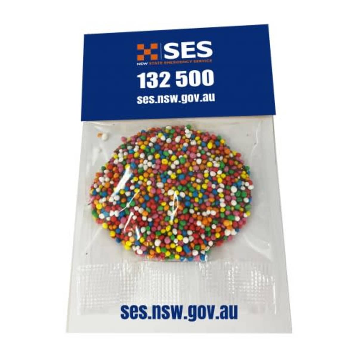 A bag of colorful candy sprinkles with SES contact details and website on the packaging.