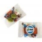 Two clear plastic bags with assorted colorful candies inside, one with a round blue logo.
