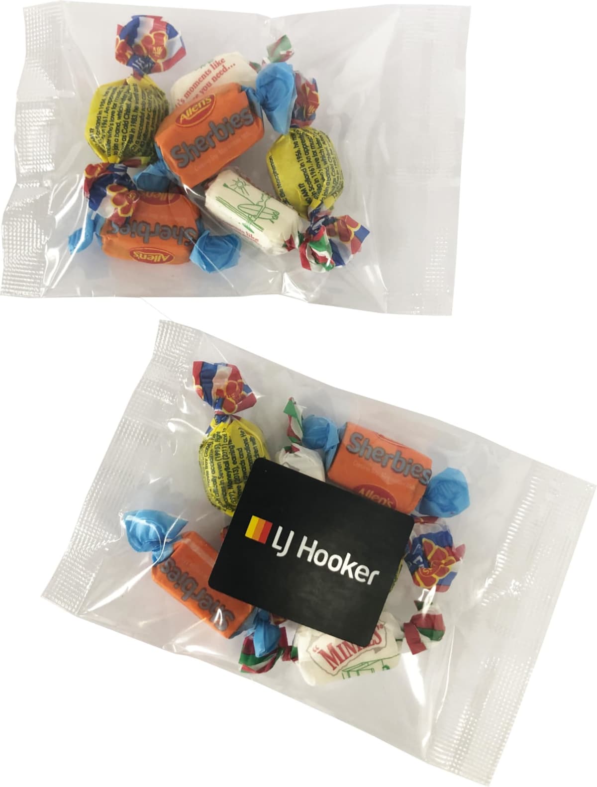 Small clear packet of assorted wrapped candies with an LJ Hooker branded card inside.