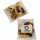 Two small clear bags filled with colorful candy, one with a logo sticker on the front.