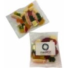Two clear plastic bags filled with assorted gummy candies, one with a white label on front.