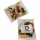 Two clear bags of assorted gummy candies, one with a white label on the front.