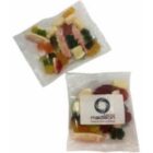 Two clear bags filled with assorted gummy candies, one with a branded label on the front.