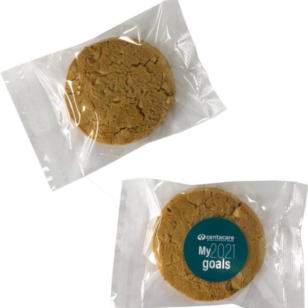 Two packaged cookies, one with a My 2021 goals sticker on the wrapper.