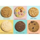 Six different cookies labeled with their flavors on pastel-colored backgrounds.