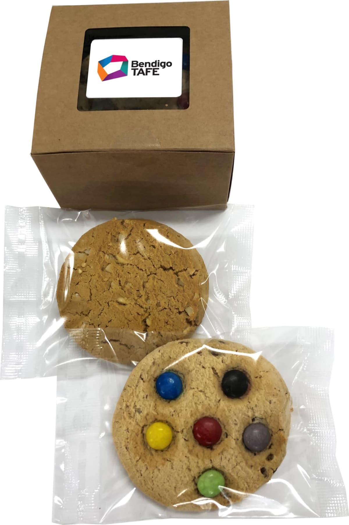 Two packaged cookies and a brown box with a Bendigo TAFE logo on top.