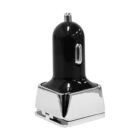 Black and silver car charger with a metallic finish.