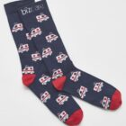 Navy socks with red toes, featuring a pattern of small white and red ambulance designs.