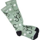 Green socks with stethoscope and medical cross design, black toes and heels.