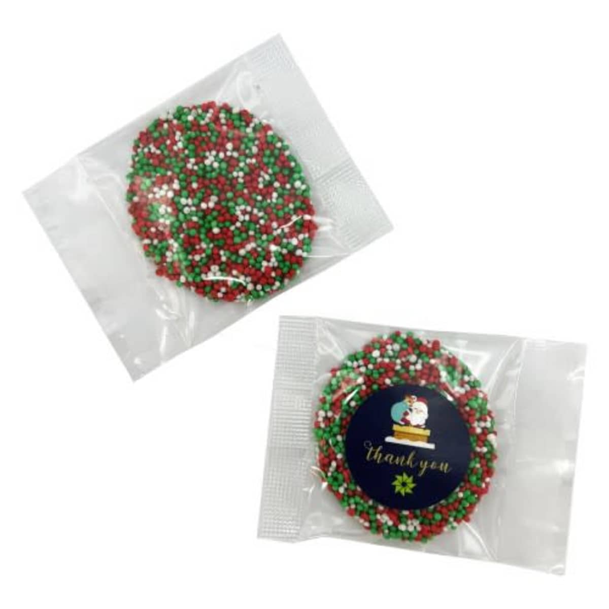 Two cookies with red, green, and white sprinkles in clear plastic packaging.