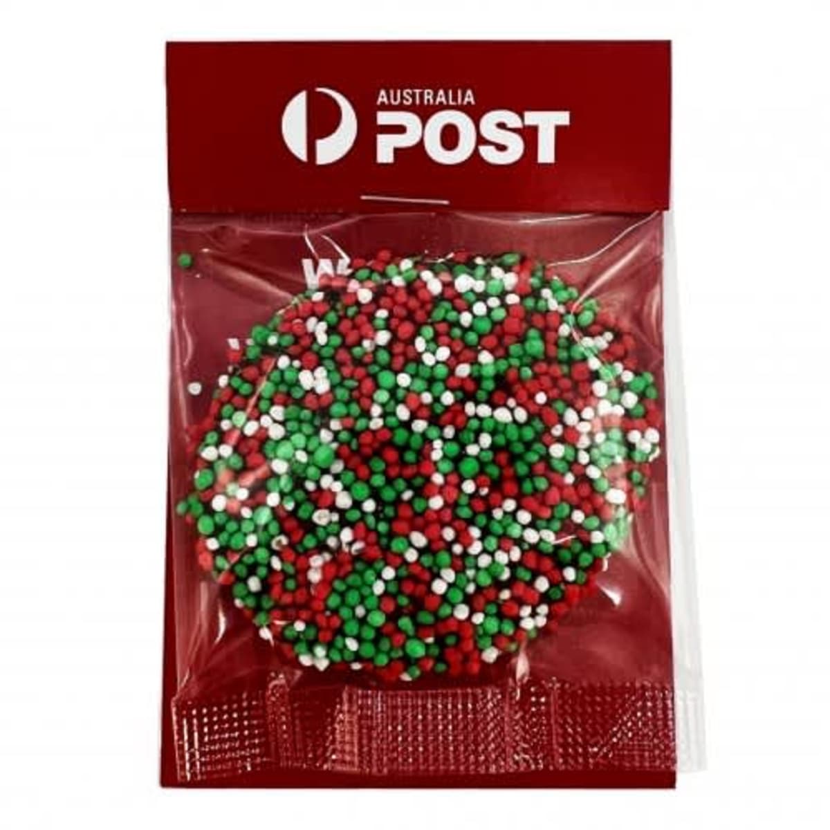 Chocolate freckle with red, white, and green sprinkles in Australia Post packaging.