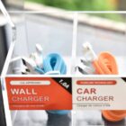 Box with blue wall chargers and orange car chargers, each section labeled respectively.