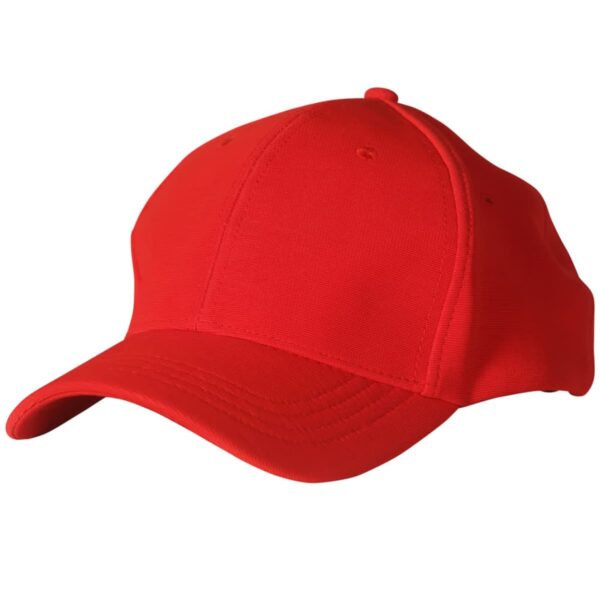 A plain red baseball cap with a curved brim on a white background.
