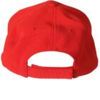 Red baseball cap viewed from the back with an adjustable strap and open gap.
