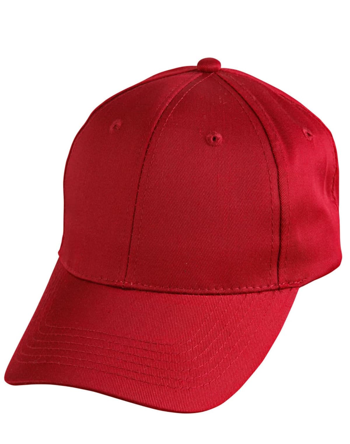 A plain red baseball cap with a curved brim, viewed from the front left side.