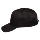 Black baseball cap viewed from the side on a white background.