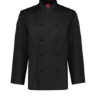 Black double-breasted chefs jacket with long sleeves and a stand-up collar.