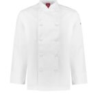 White double-breasted chefs jacket with long sleeves and stand-up collar.