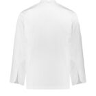White chefs jacket viewed from the back, with long sleeves and a stand collar.