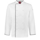 White chef jacket with black piping and button details.