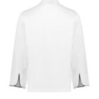 Back view of a white chefs jacket with black piping on cuffs.