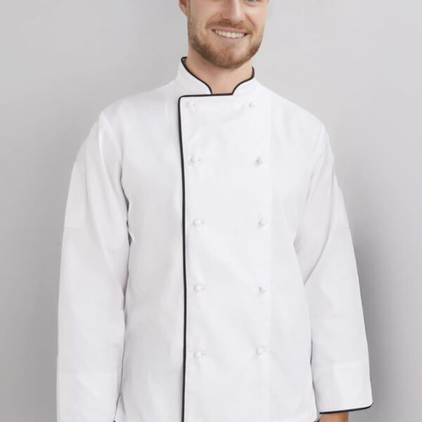 Smiling person wearing a white chefs jacket with black trim.