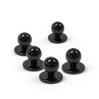 Five black magnetic chess pieces on a white background.