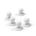 Five white, round push pins with flat bases arranged on a white background.