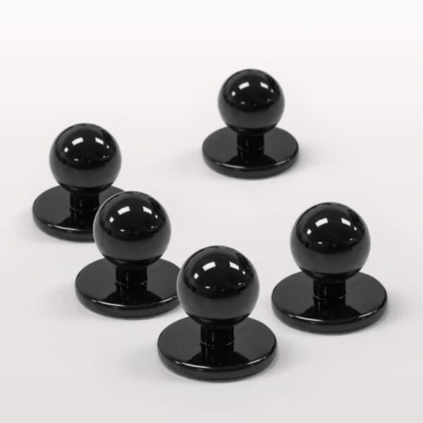 Five black metallic coat hooks with round tops arranged on a white background.