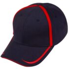 Navy blue baseball cap with red trim along the seams and brim.