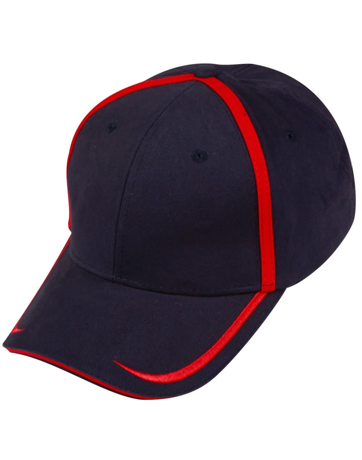 Navy blue baseball cap with red trim along the seams and brim.