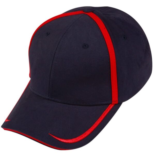 A navy blue baseball cap with red trim accents on the seams and brim.