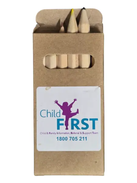 A box of colored pencils labeled Child FIRST