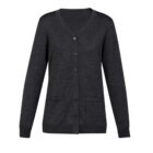 Dark gray cardigan with buttons and front pockets, displayed on a white background.