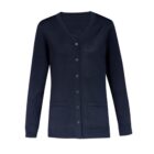 Navy blue cardigan with buttons and front pockets on a plain background.