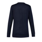 Navy blue sweater viewed from the back with long sleeves.