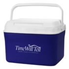 A blue cooler with a white lid and Time Will Tell logo printed on the front.