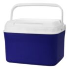 Blue and white plastic cooler with a lid and carrying handle.