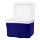 A blue cooler with a white lid open, viewed from the front.