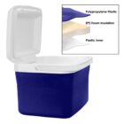 Open blue cooler; inset shows its three-layer construction of plastic and foam insulation.