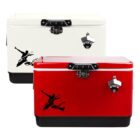 Two coolers, one white and one red, each with a black skateboarder graphic on the front.
