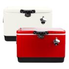 Two retro-style coolers, one white and one red, with black handles and latches.