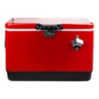 Red and black cooler box with a latch and bottle opener on the front.