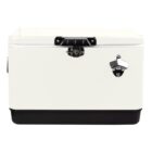 White and black cooler box with metal latch and bottle opener on the front.