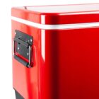 Close-up of a shiny red cooler with a black handle against a white background.