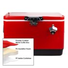 A red cooler with a latch, shown with a diagram of its layered construction materials.