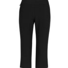 Black cropped pants against a white background.